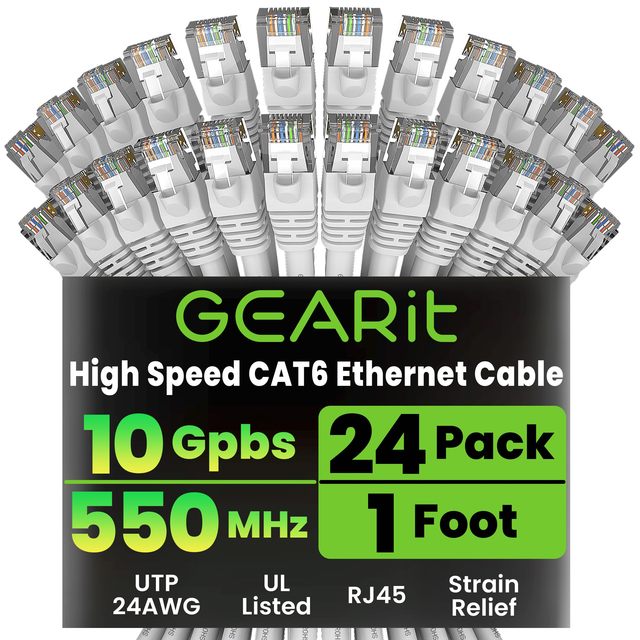 OEM ODMGEARit Cat 6 Ethernet Patch Cables 1 ft White Cat 6 Ethernet Cables 1 ft 24 Pack High Speed 24AWG 10Gbps RJ45 Snagless