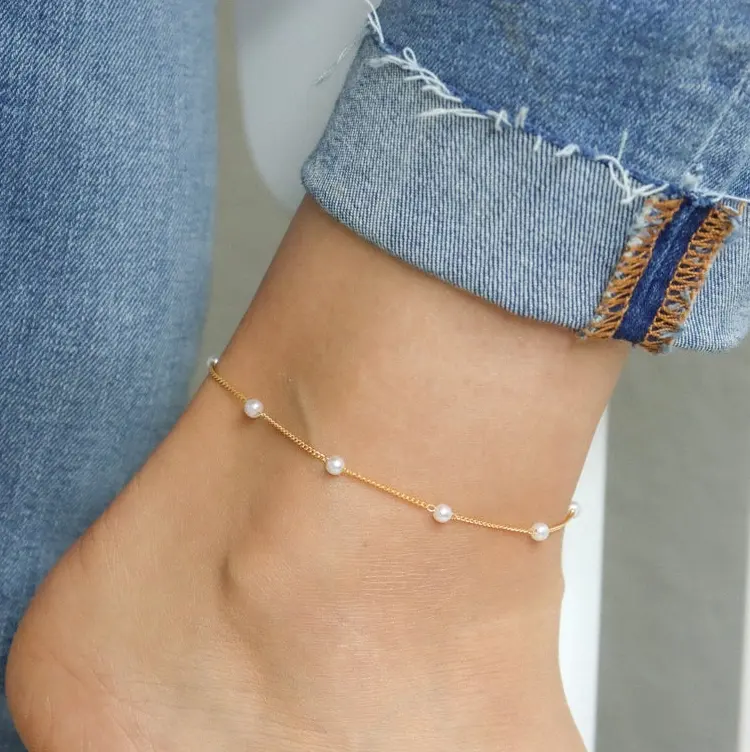 Dainty 18k Gold Plated Stainless Steel Chain Anklets Waterproof Bohemian Freshwater Pearl Anklet Bracelet Tarnish Free Jewelry