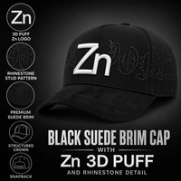 Casquette en daim noir OEM ODM avec logo 3D en relief et strass, 6 panneaux structurés, fermeture snapback, couleur personnalisée, MOQ, BSCI, Barudan, expédition DDP