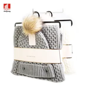 Fuzzy cesta sólida knits gorro de inverno, chapéus e lenço de laço, conjunto com embalagem de bellyband