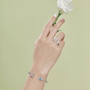 Dylam Trending Rhodium Plated 925 Sterling <b>Silver</b> Rectangle Round Radiant Cut Diamond 8A Zirconia <b>Cuff</b> <b>Bracelet</b> Bangle - Product Image 5