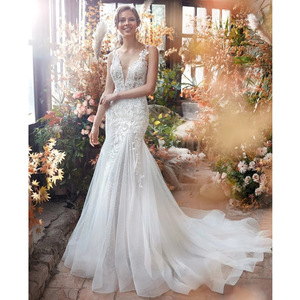 Mermaid Wedding Dress V-neck Embroidered Lace Ivory White Fitted Waist Vintage Style Bridal Gown - Product Image 1