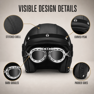 Casque de <span class=keywords><strong>moto</strong></span> rétro noir à face ouverte avec lunettes foncées, visière incurvée et côtés rembourrés pour la conduite - Product Image 5