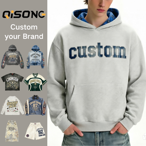 Sweat-shirt streetwear personnalisé pour homme, coupe oversize, avec imprimé lettres, poche <span class=keywords><strong>kangourou</strong></span> et doublure à carreaux gris, fabrication sur mesure - Product Image 1