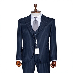 Costume d'affaires pour homme en laine peignée et polyester, rayures fines bleu marine, double boutonnage, col mandarin, style britannique, infroissable, coupe classique - Product Image 1