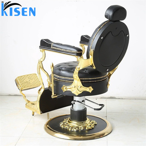 KISEN Black Faux Leather belmont Barber <b>Chair</b> with Gold Frame <b>Reclining</b> Adjustable Footrest Round Base Hydraulic Pump - Product Image 6