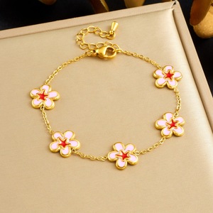 Japanese Korean Style Pink Floral Jewelry <b>Set</b> Gold Plated Peach Blossom Women's Fashion Necklace <b>Bracelet</b> Earrings Gift <b>Set</b> - Product Image 2