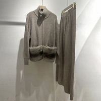 Ensemble pantalon et pull en tricot pour femme, cardigan à col haut zippé, pantalon ample à jambes larges avec bordure en fourrure de lapin Rex, hiver