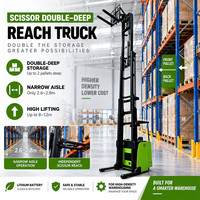 Chariot élévateur VNA de 2 tonnes, hauteur de levage de 10 m, transpalette électrique à plateforme avec fourches à 3 voies pour stockage en intérieur