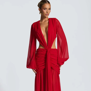 King Mcgreen Star Vestido de gasa para mujer <span class=keywords><strong>Deep</strong></span> <span class=keywords><strong>V</strong></span> Hollow Out Vestido de gasa Sexy Color sólido Corbata Vestido largo plisado - Product Image 1