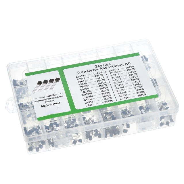 24Values TO-92 Transistor Assortment Assorted Kit Each BC327 BC337 BC517 BC547 BC548 BC549 2N2222 3906 3904 5401 5551 C945 1015