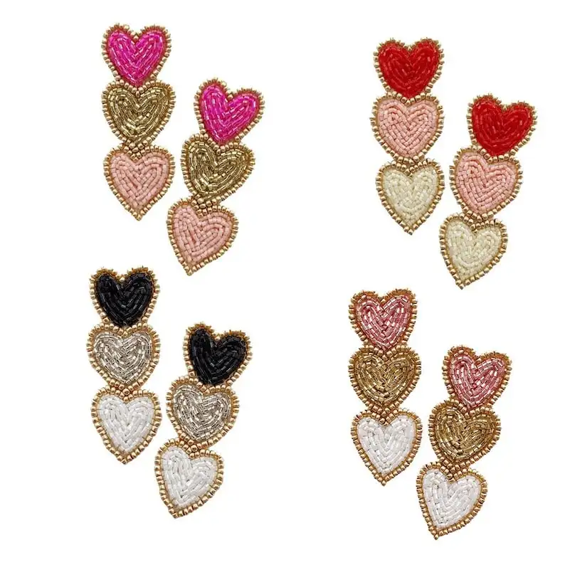 Pendientes de corazón triples hechos a mano para mujer, cuentas de Semillas de amor, joyería para vacaciones, novedad de 2023