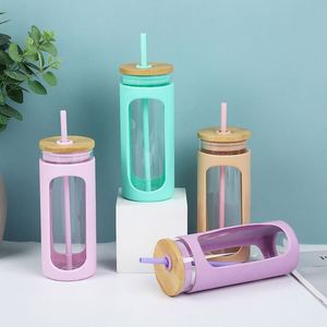 Portable Silicone Sleeve Single-layer High Borosilicate Glass <b>Cup</b> Outdoor Large Capacity Juice Straw <b>Cup</b> with Bamboo Wood Lid - Product Image 2