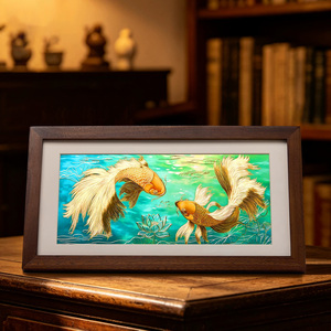 Peinture décorative en bronze, sculpture de lotus et deux poissons, art mural encadré pour la maison, le bureau ou comme cadeau - Product Image 1