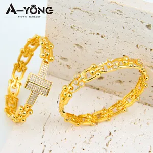 Wholesale Popularity Design Jewelry Set Dubai Style 18K Gold Plated Zirconai Bangles Ring Set For Women