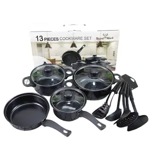 Groothandel Goedkope 13Pcs Kookgerei Sets Kookpot Non Stick Zwarte Kok Pot Set Met Glazen Deksel Ijzer Kookgerei Sets