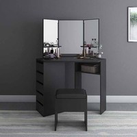 Coiffeuse de table de toilette avec tabouret, flambant neuf, noir mdf, espace à miroir de maquillage