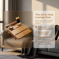 Plateau de canapé en bambou de qualité supérieure, multi-usages, avec porte-gobelet, support pour téléphone et base antidérapante, compatible avec la plupart des accoudoirs de canapé de 12 pouces