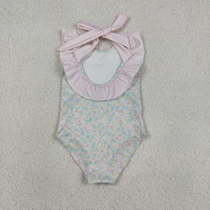 Maillot de bain rose à volants et nœuds pour bébés filles, manches longues, motif floral, vêtements d'été pour tout-petits, en stock - Product Image 4