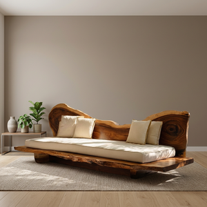 Sofá Cama Cuadrado Minimalista de Lujo con Tablero de Madera Suar y Borde Natural para Muebles de Resort o Villa - Product Image 3