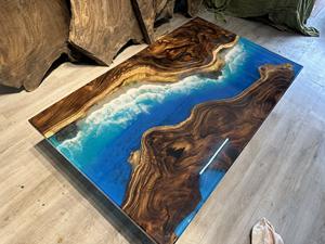 ฐานไม้ขอบธรรมชาติแบบไม่ผ่านการตกแต่ง พร้อมดีไซน์น้ำและชายฝั่งที่สมจริง โต๊ะเรซิ่นอีพ็อกซี่ไม้รูปทรงสี่เหลี่ยมผืนผ้า - Product Image 3