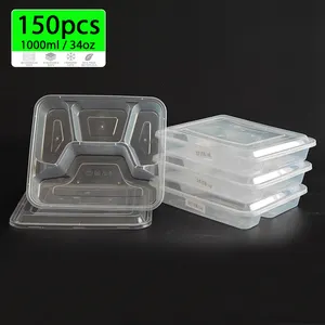 150 Stuks 34Oz Plastic Magnetron Veilig 4 Compartimenten Maaltijd Voorbereiding Dikke Container Duurzaam Voedsel Opslag Verpakking Om Te Gaan Afhaalmaaltijden Doos
