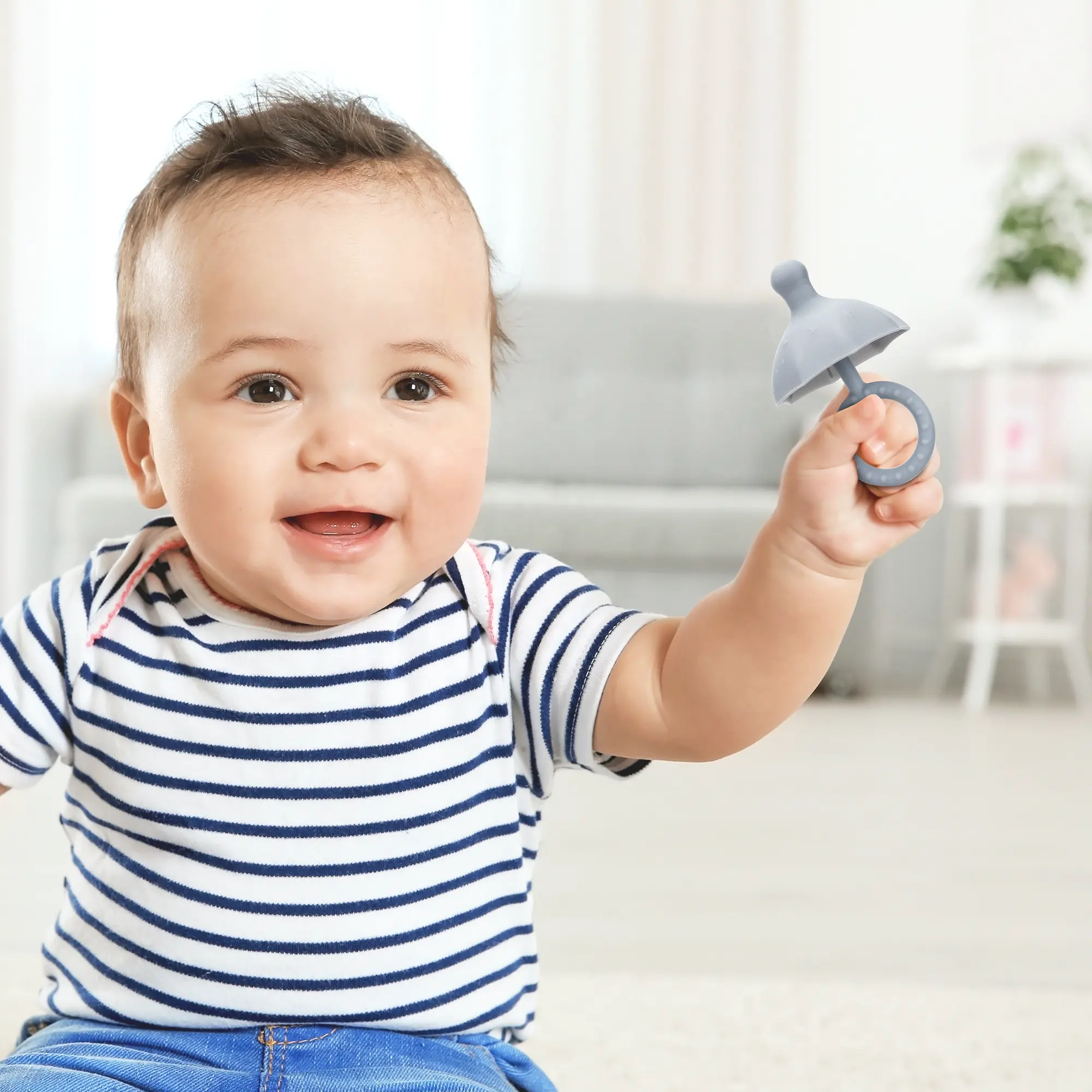 Chupete de silicona con paraguas suave para bebé, cepillo de dientes de silicona texturizado único, sin BPA, 2 en 1, chupete y juguetes