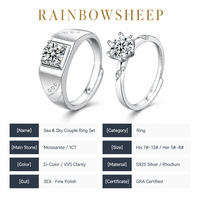 Ensemble de bagues ajustables en moissanite 1 carat couleur D VVS 3EX, avec bande large géométrique pour homme et bague classique en argent S925 plaqué rhodium pour femme