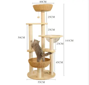 OUFA Luxo Multicamadas Rattan Tecido Madeira Sólida Cat Tree Torre com Cat Coçar Post e Cat Hammock Coluna Escalada Árvore hous