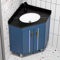 Meuble de salle de bain autoportant avec lavabo, armoire d'angle en aluminium bleu marine, poignée dorée, plateau en marbre, lavabo en céramique à encastrer sous le plan