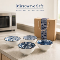 Ensemble de vaisselle en céramique, bols et assiettes ronds rétro en céramique, porcelaine bleue et blanche, emballage en boîte cadeau, vente en gros