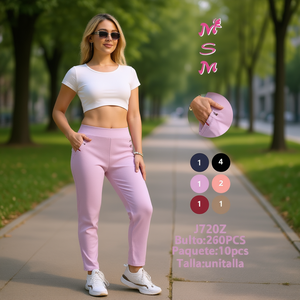 Pantaloni da Donna MSM a Vita Alta, Gamba Dritta, in Maglia Traspirante, Cotone Elasticizzato, Casual, Lunghezza Intera, Tinta Unita, Vita Elastica - Product Image 2