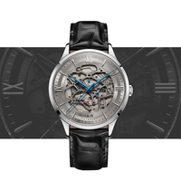 Montre automatique squelette I&W pour homme, cadran à chiffres romains, aiguilles bleues, bracelet en cuir noir, montre mécanique de style professionnel – Offre Spéciale