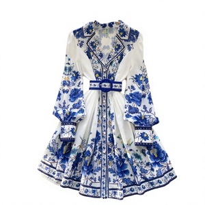 <b>Blue</b> Floral Print Maxi Dress Vintage A-line Long Sleeve High Waist Casual Dress for Spring Autumn - Product Image 3