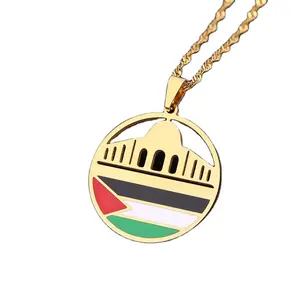 Vente en gros de collier pendentif en métal de la mosquée Al-Aqsa creuse de forme ronde colorée