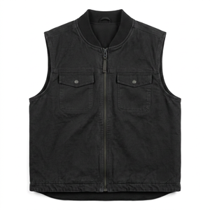 <b>Black</b> Denim Casual Summer Work <b>Vest</b> Men Zip-Up Sleeveless with Flap Pockets Stand Collar Anti-Pilling for Wash Outerwear - Product Image 1