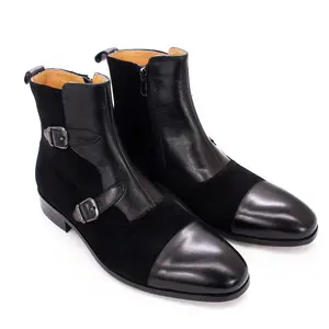Luxury fashion high-top ankle boots leather suede buckle zipper strap men's handmade formal boots with buttons