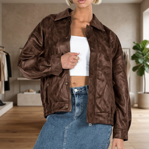 Premium Women's Plus Size Faux Leather Motorcycle Jacket Trendy Fall Spring Oversized Zip Winter Coat Outerwear Eco-Friendly - Product Image 3