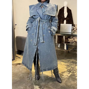 OUDINA - Veste en jean bleu ample de haute couture pour l'hiver, coupe-vent, trench-coat long pour femmes - Product Image 1