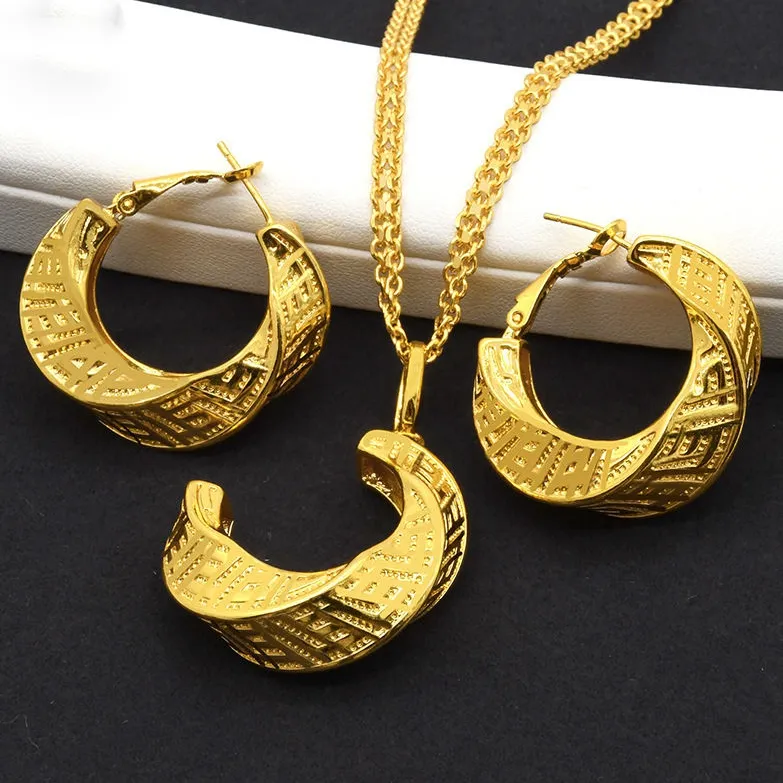 Elegant Women Wedding Pendant ,Earrings Necklace Sets Simple 18K Gold Plated Bridal Jewelry Sets/