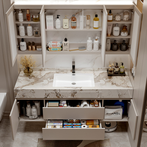 <strong>Light</strong> Luxury All-in-One <strong>Bathroom</strong> Vanity <strong>Cabinet</strong> <strong>with</strong> Smart <strong>Mirror</strong> Copper Drainer Seamless Rock Plate Ceramic Wall-Mounted - Product Image 4