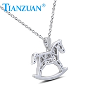 Collier pendentif cheval à bascule en argent sterling S925 entièrement pavé de moissanite, mignon collier animal cheval de Troie, cadeau bijoux pour femme