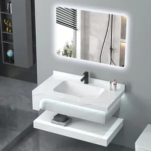 Двойной одиночный настенный белый мраморный спеченный каменный шкаф умывальник плавающий туалетный столик с зеркалом