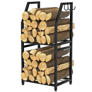JH-Mech Firewood Rack With Hook Easy To Assemble Outdoor Garden Matte Iron Firewood Log Storage Rack Firewood