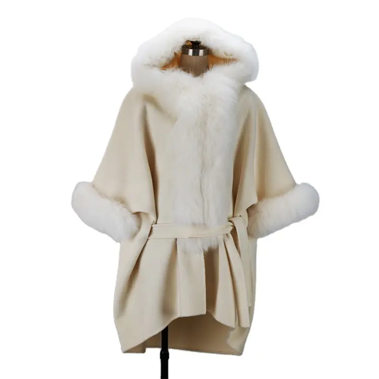 Wool Cashmere Hoodie Poncho Winter Clothes with Detachable Fox Fur for Women Long Lady Women's Coat
