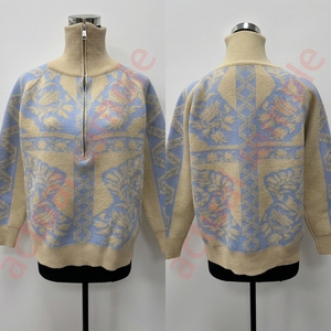 Damen Vintage Blumen-Jacquard Strickpullover Raglanärmel Halber Reißverschluss Nordisches Muster Stehkragen Locker Lässiger Pullover Gestricktes Oberteil - Product Image 5