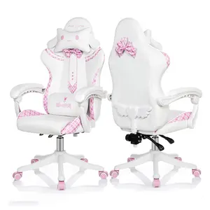 Chaise de jeu rose mignonne pour fille, nouvelle mode, chaise d'ordinateur à nœud papillon, filet, ancre rouge, chaise de jeu confortable, inclinable, pivotante, 360
