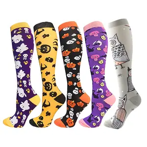 Free sample Funny Long Happy Halloween Compression Socks Unisex Pumpkins Bats Novelty Knee high Sock