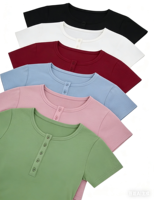 Atasan Henley Kancing Slim Fit Wanita, Kemeja Kasual Musim Panas, Kaos Lengan Pendek, Kaos Custom, Blus, Pakaian Fashion Wanita