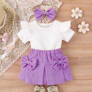Children's Clothing New Summer Cute Baby Girl Flounced Sleeve Sunken Stripe Short Sleeve Multicolor <strong>Corduroy</strong> Skirt <strong>Outfit</strong> - Product Image 3